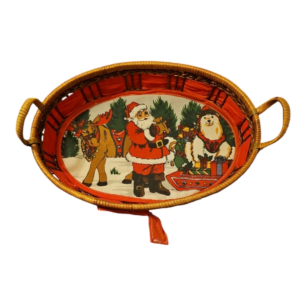 Vintage Festive/Holiday Santa Claus and Friends  Fabric Bottom Wicker Basket MCM